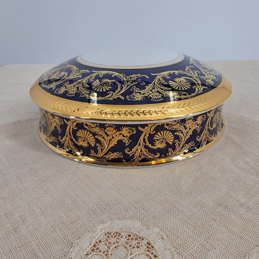 Vintage Claude Carpenet Limoges France Cobalt Gold Porcelain Trinket Box 5"